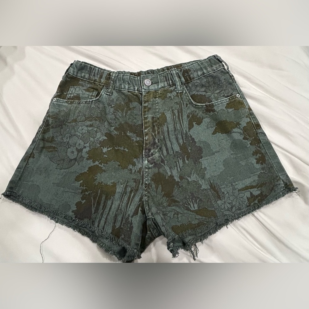 Pilcro Anthropologie Y2K Cottagecore Floral Denim Cutoff Shorts Green Print Sm